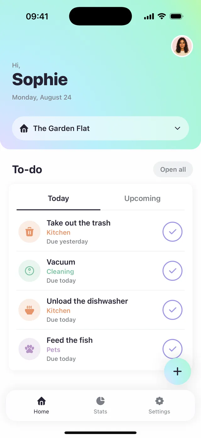 Home screen with a shared to-do list for The Garden Flat household