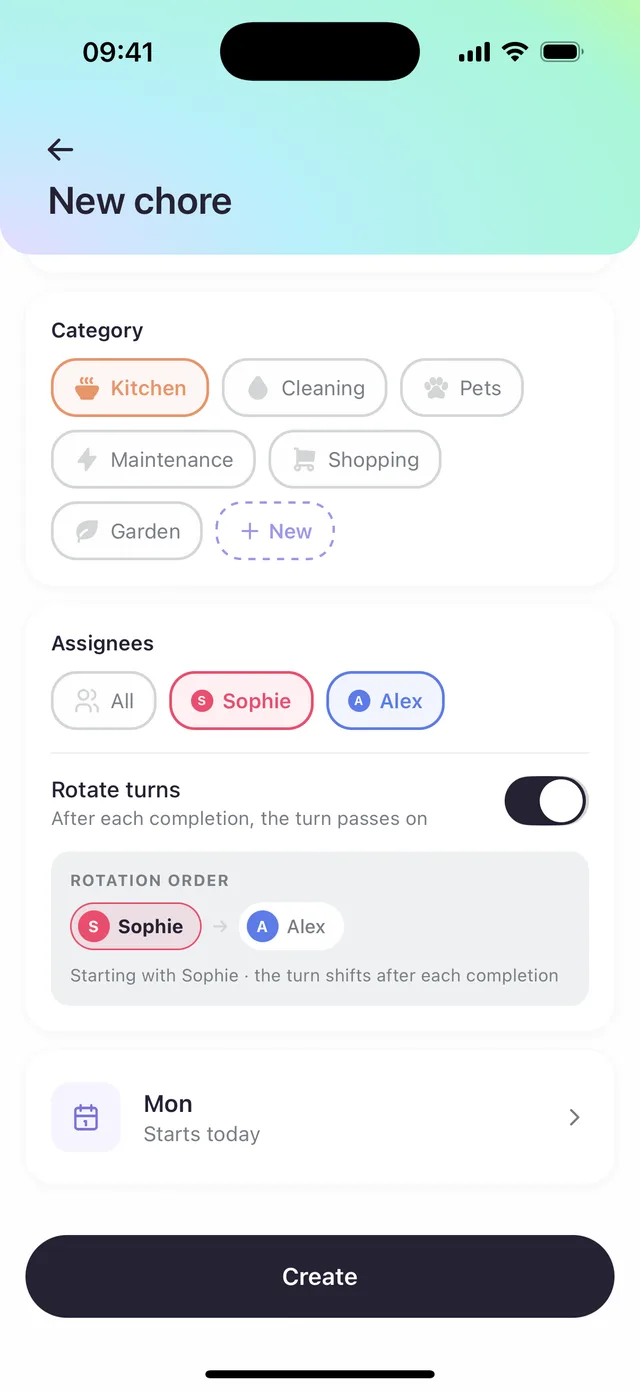New chore form with Sophie and Alex assigned and a rotation order of Sophie then Alex