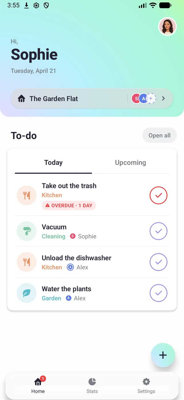 New chore form with Vacuum chore, two people assigned, rotation queue showing Sophie then Alex